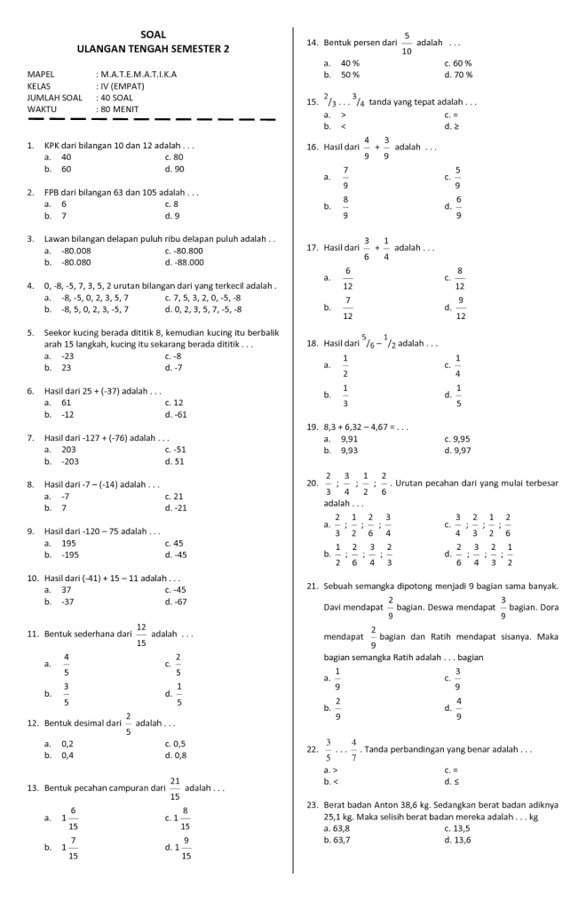 15 Contoh soal matematika kelas 4 sd semester 1 yang sering keluar saat ujian terbaru 2026